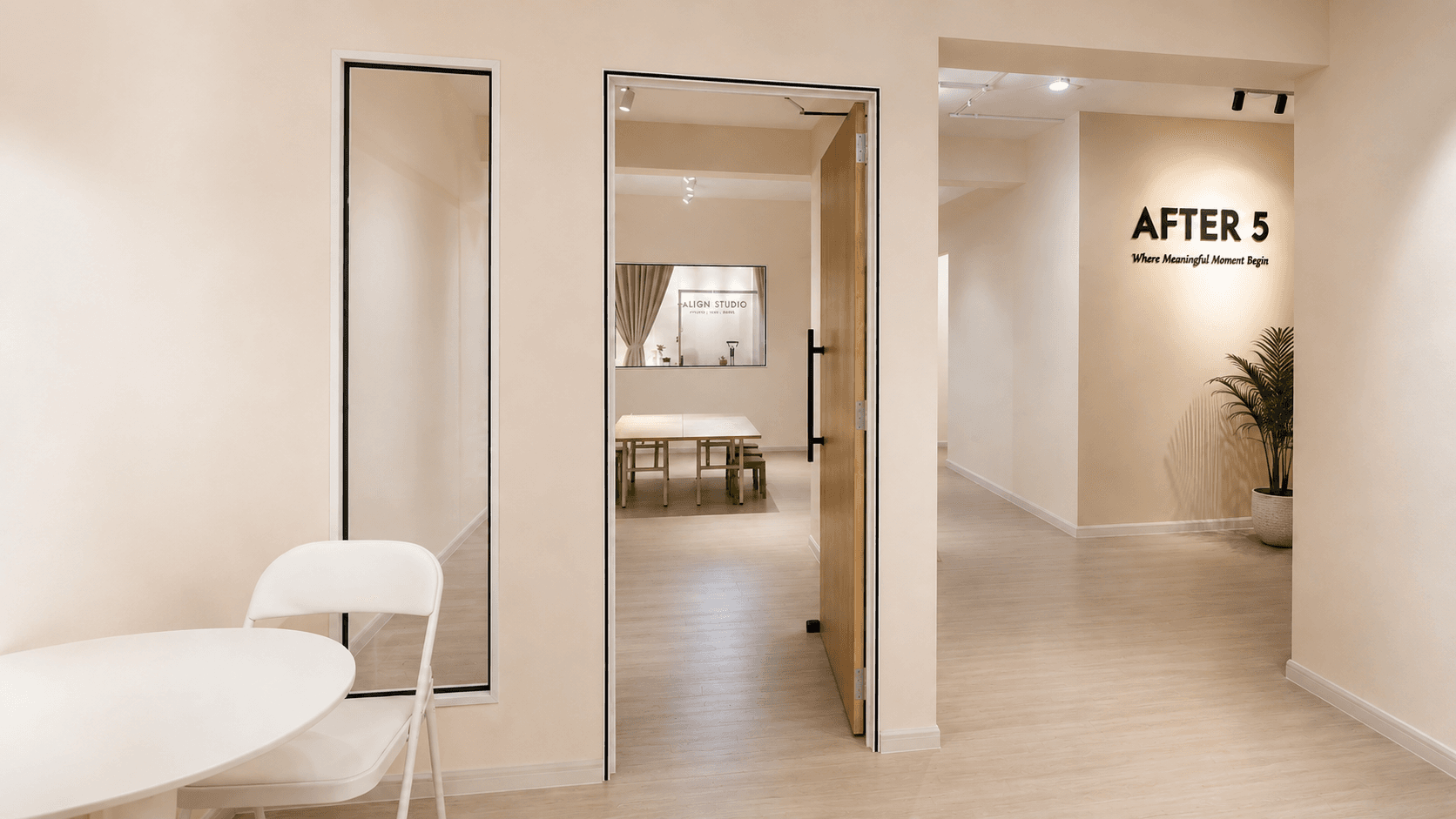 AFTER 5 studio space with open rooms and wall sign