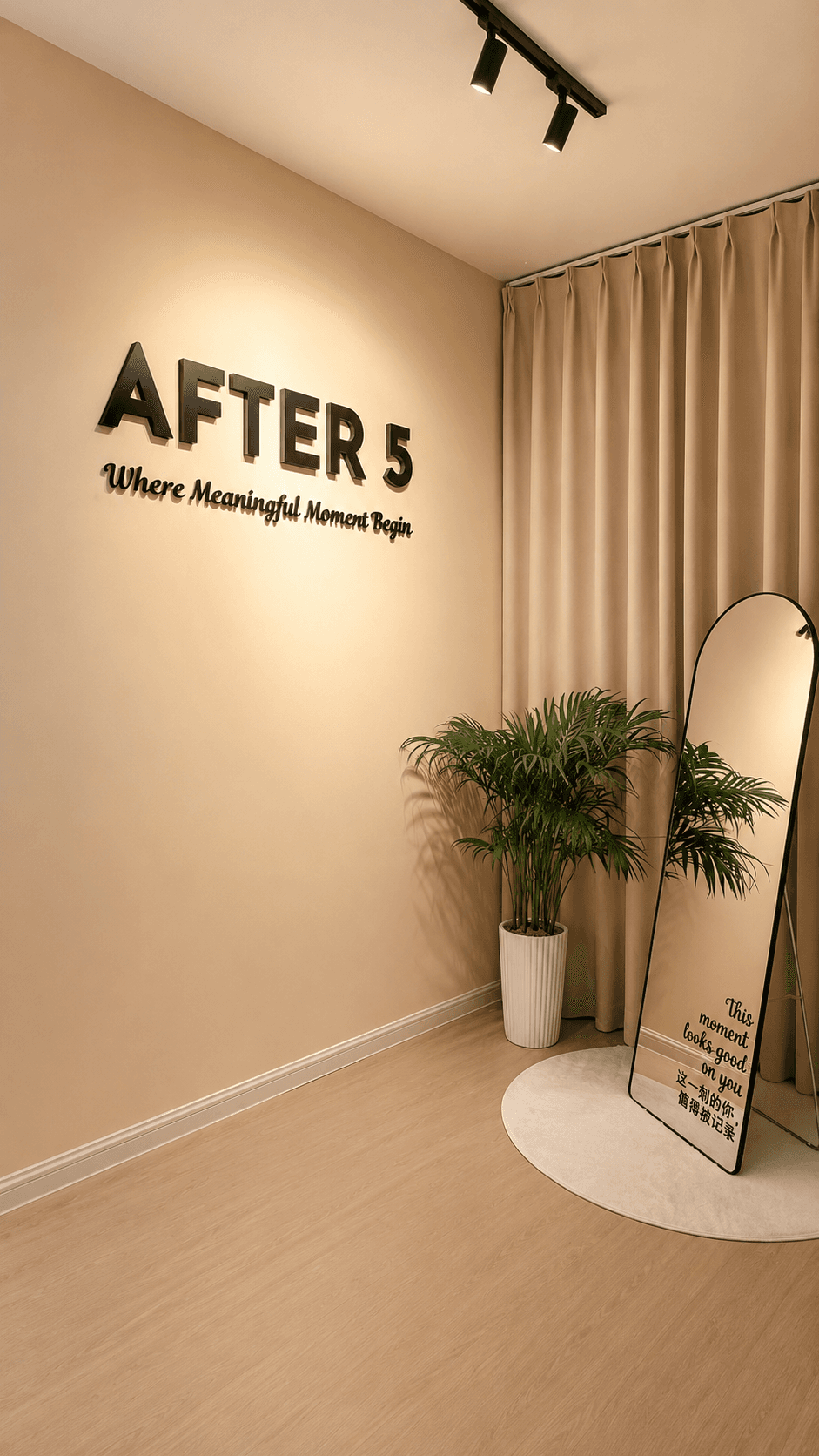 AFTER 5 wall sign, curtain, plant, and mirror